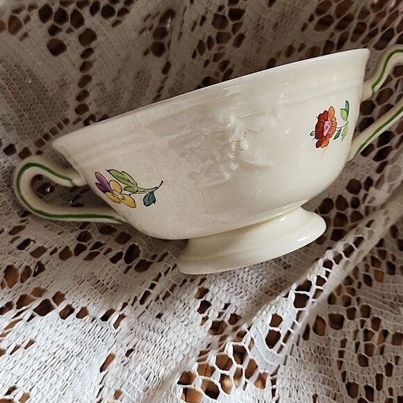 WWII Era Antique Double Handled Floral Cream Soup Bowls - Picture 2 of 9